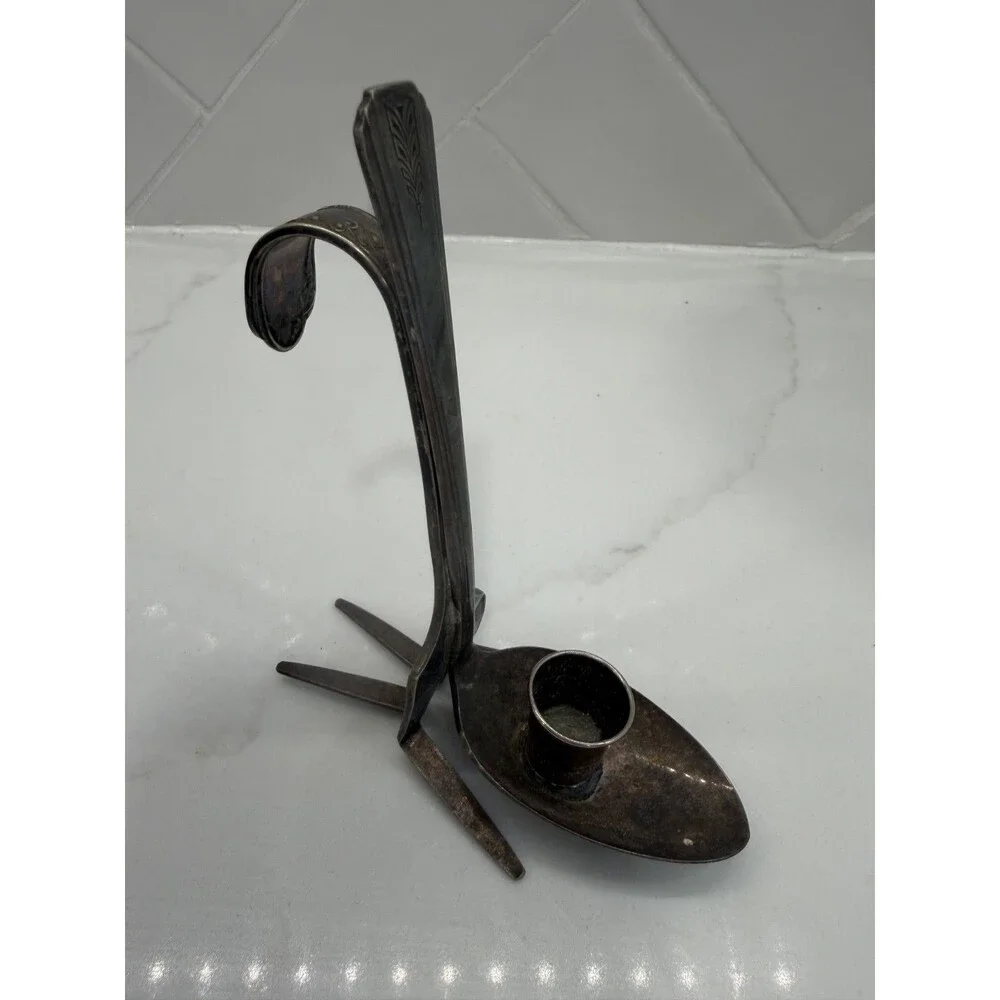 Vintage Silverplate Flatware Art Candle Holder Handmade Mid-Century Style